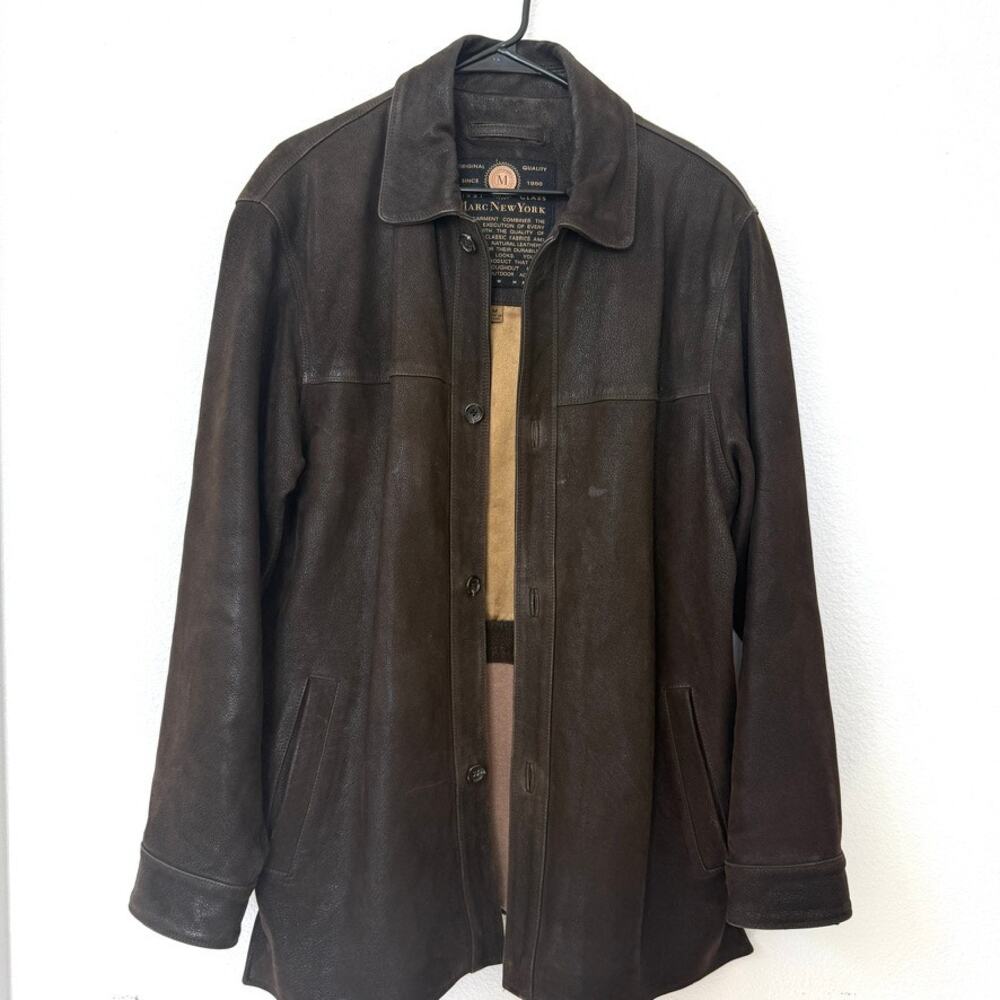 Marc‎ New York Button Front Leather Coat Brown M Classic Vintage Menswear